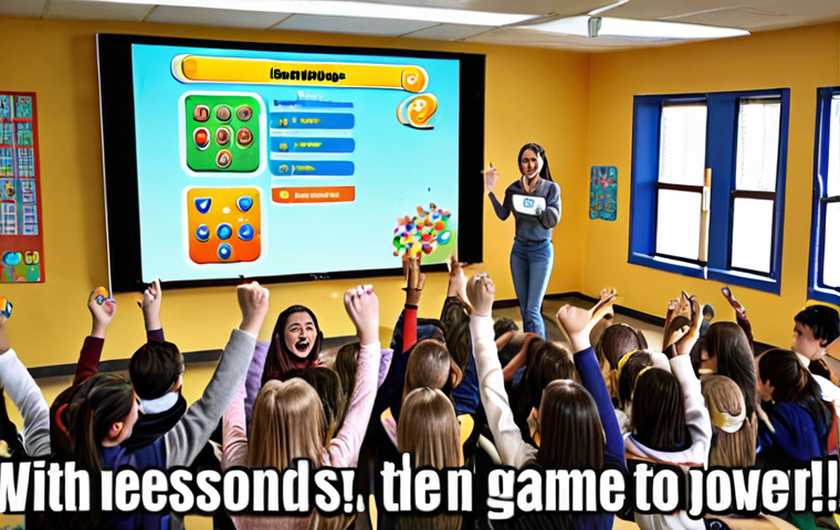 A vibrant and interactive classroom filled with energetic 10-14 year old students. They are actively engaged in a digital quiz, holding tablets or smartphones, with their attention drawn to a large central screen displaying a colorful leaderboard and game-like questions. The atmosphere is competitive yet joyful, with subtle visual elements like floating digital points, badges, or confetti, illustrating the excitement and reward of gamified learning. The students are smiling, gesturing, and showing strong engagement, embodying the power of digital tools to make learning fun and participatory.