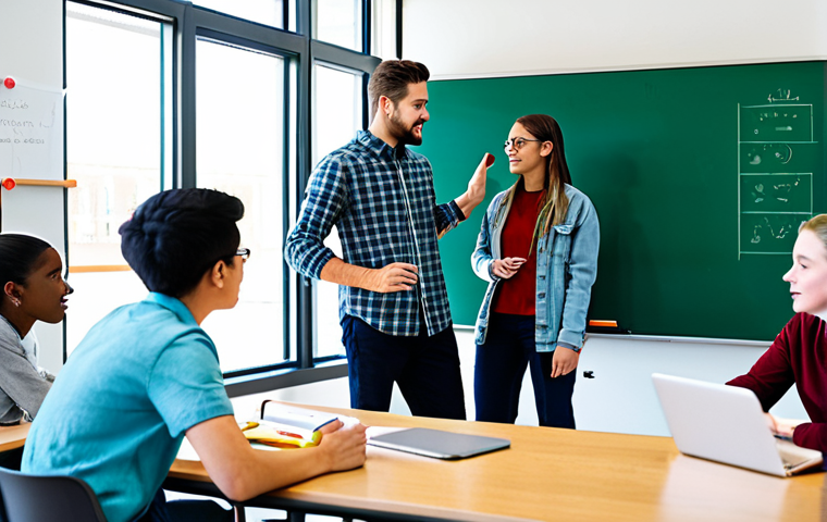 디지털 학습에서의 협력적 학습 방법 - A diverse group of students collaborating around a digital whiteboard in a modern, brightly lit clas...