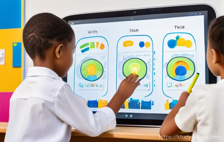 디지털 학습 환경의 검증된 성공 사례 - **Prompt:** A diverse group of elementary school children, aged 8-10, are engrossed in learning usin...