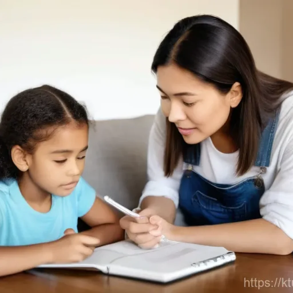 학생의 디지털 리터러시 향상 방법 - A warm, brightly lit scene inside a cozy living room. A mother and her elementary-school-aged daught...