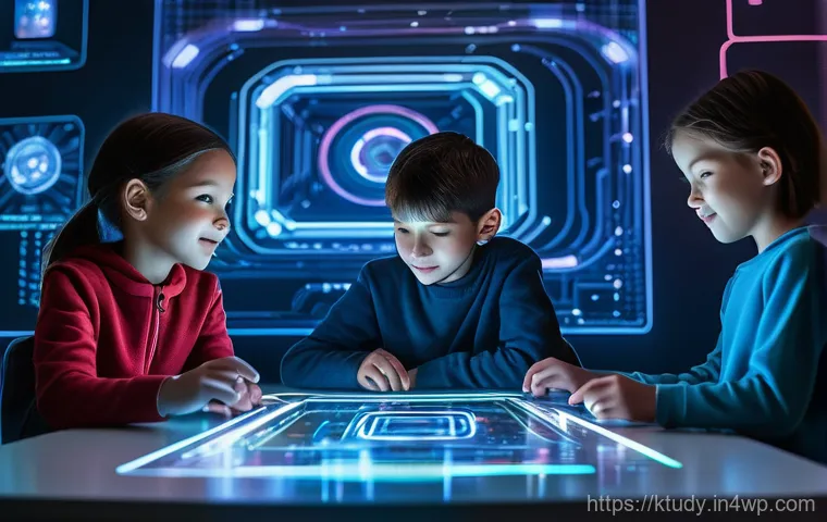 학생의 디지털 리터러시 향상 방법 - A warm, brightly lit scene inside a cozy living room. A mother and her elementary-school-aged daught...