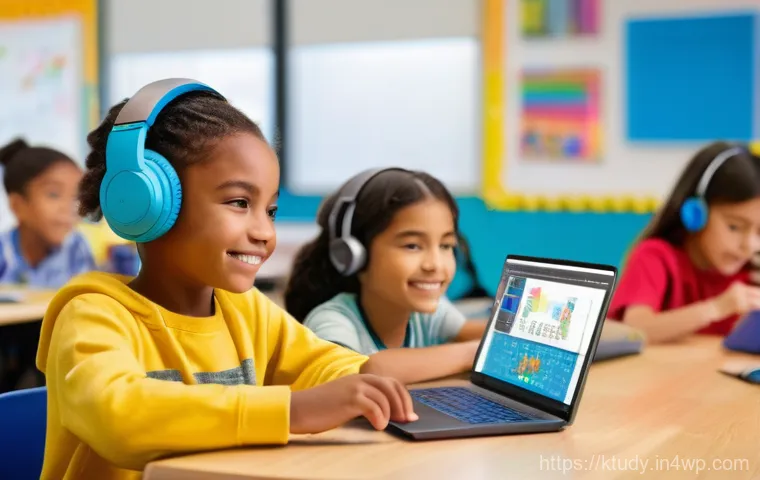 학생의 디지털 리터러시 향상 방법 - A group of three diverse elementary school children (two boys, one girl) gathered around a large, fu...