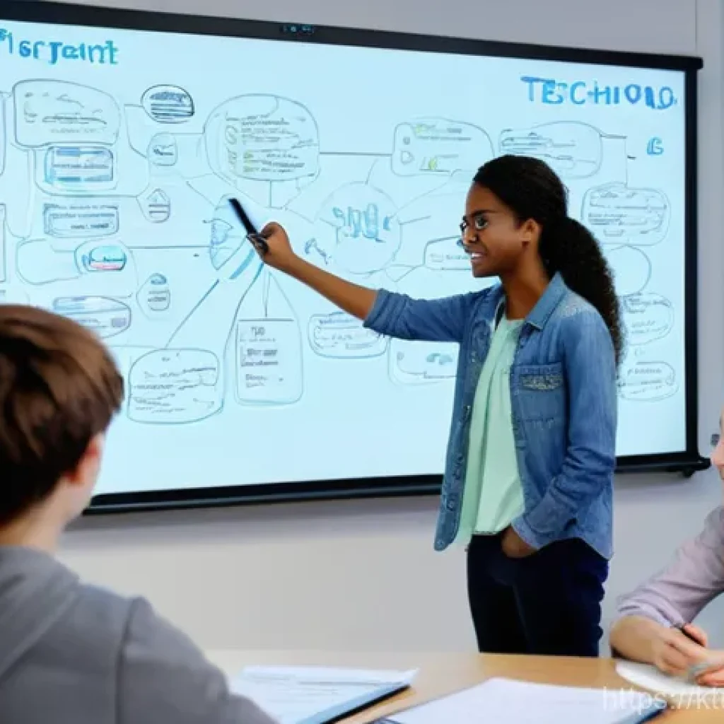 그룹 프로젝트를 통한 디지털 학습 증진 - **"A vibrant, modern classroom filled with natural light. Four diverse high school students (two boy...