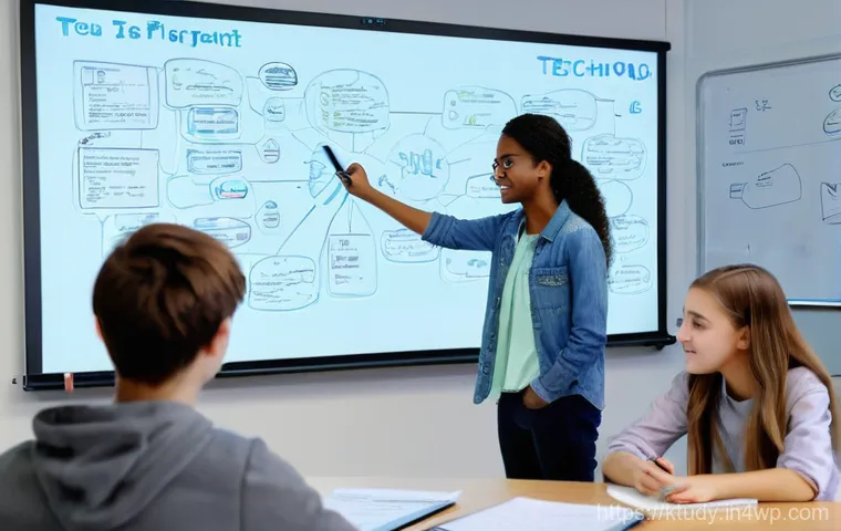 그룹 프로젝트를 통한 디지털 학습 증진 - **"A vibrant, modern classroom filled with natural light. Four diverse high school students (two boy...