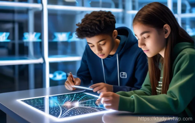 그룹 프로젝트를 통한 디지털 학습 증진 - **"A vibrant, modern classroom filled with natural light. Four diverse high school students (two boy... 그룹 프로젝트를 통한 디지털 학습 증진 - **"A vibrant, modern classroom filled with natural light. Four diverse high school students (two boy...