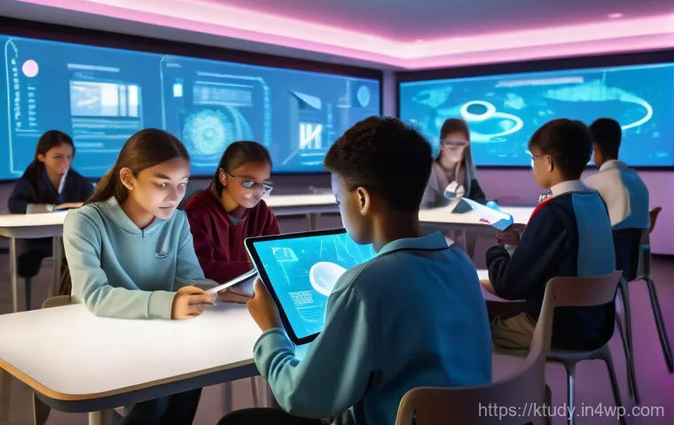 학생의 학습 경로를 최적화하는 방법 - A diverse group of high school students, boys and girls, are seated comfortably in a futuristic, bri...