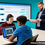 디지털 학습 환경의 장애인 접근성 - A diverse group of people with various disabilities engaging with digital learning tools in a bright...