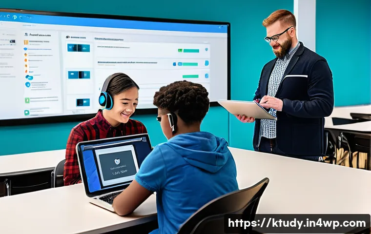 디지털 학습 환경의 장애인 접근성 - A diverse group of people with various disabilities engaging with digital learning tools in a bright...