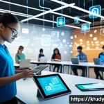 디지털 학습의 사회적 책임 - A modern digital classroom scene showing diverse students engaging with various digital devices like...