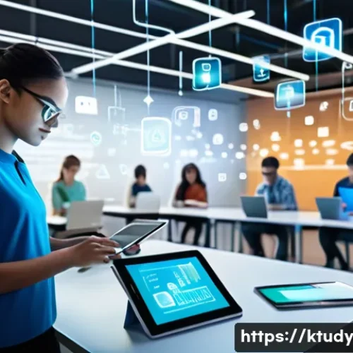 디지털 학습의 사회적 책임 - A modern digital classroom scene showing diverse students engaging with various digital devices like...