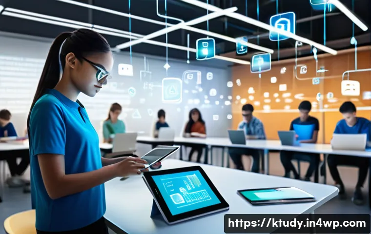 디지털 학습의 사회적 책임 - A modern digital classroom scene showing diverse students engaging with various digital devices like...