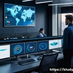 디지털 학습 도구의 긴급 대응 방안 - A high-tech remote learning control room with multiple large digital screens displaying real-time mo...