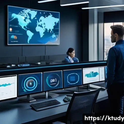 디지털 학습 도구의 긴급 대응 방안 - A high-tech remote learning control room with multiple large digital screens displaying real-time mo...