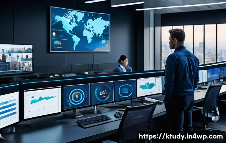 디지털 학습 도구의 긴급 대응 방안 - A high-tech remote learning control room with multiple large digital screens displaying real-time mo...