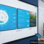 최신 디지털 학습 트렌드 알아보기 - A futuristic digital classroom scene showing a diverse group of students interacting with AI-powered...