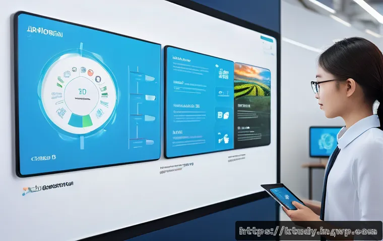최신 디지털 학습 트렌드 알아보기 - A futuristic digital classroom scene showing a diverse group of students interacting with AI-powered...
