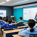 디지털 학습의 평가 기준 및 성과 지표 - A vibrant digital classroom scene showing diverse adult learners actively engaging in an online inte...