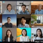 효과적인 온라인 토론 활성화 방안 - A vibrant online discussion scene showing diverse participants engaged in a virtual meeting, each in...