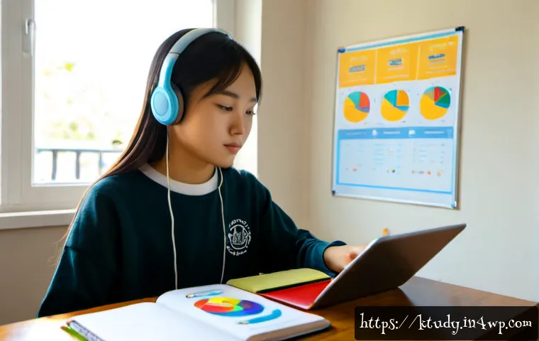 디지털 학습 환경에서의 자기 주도 학습 기술 - Photorealistic scene of a focused teenage student independently organizing a digital learning sessio...