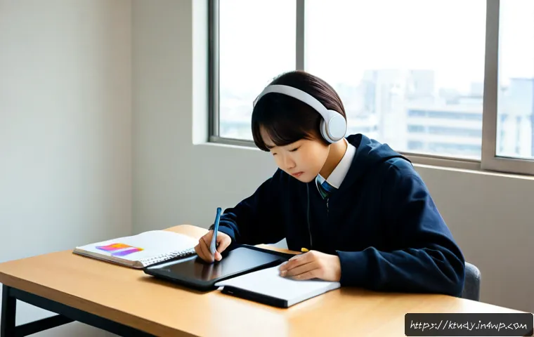 Home 17 학생의 인지적 부담을 줄이는 디지털 학습 환경 - Photorealistic high school student studying at a clean, minimalist desk with a tablet showing simple...